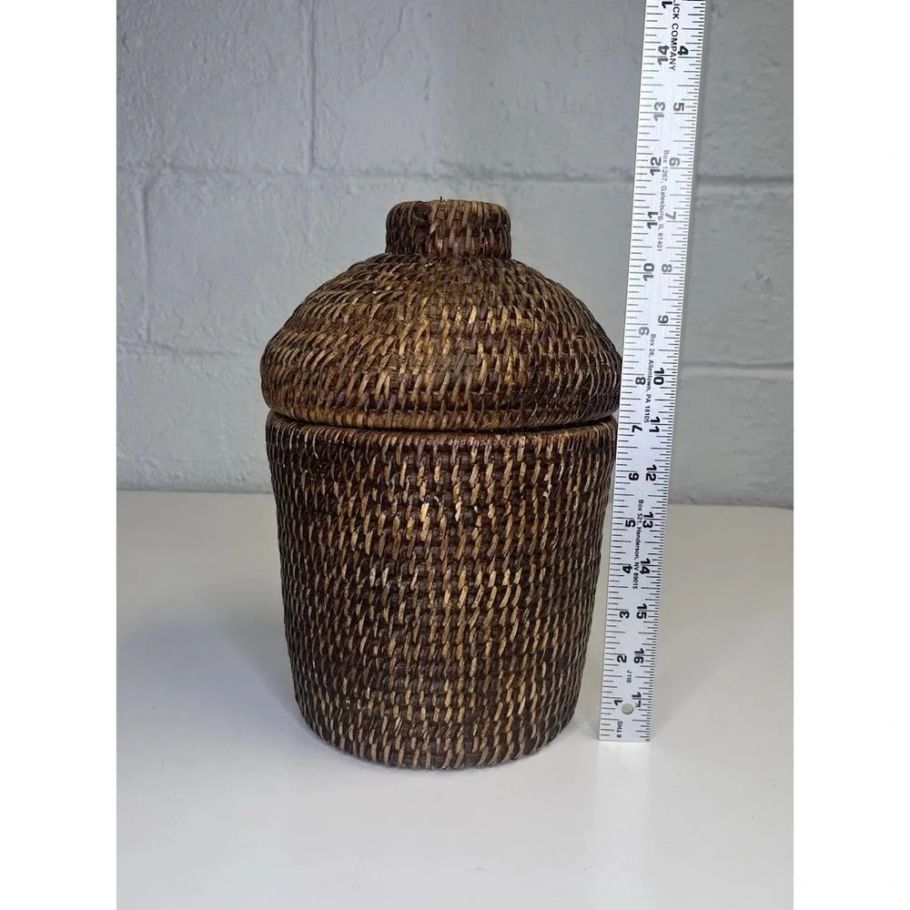 VTG Rattan Wicker Lidded Basket Ginger Jar Woven Coil Cane Storage‎ Vase